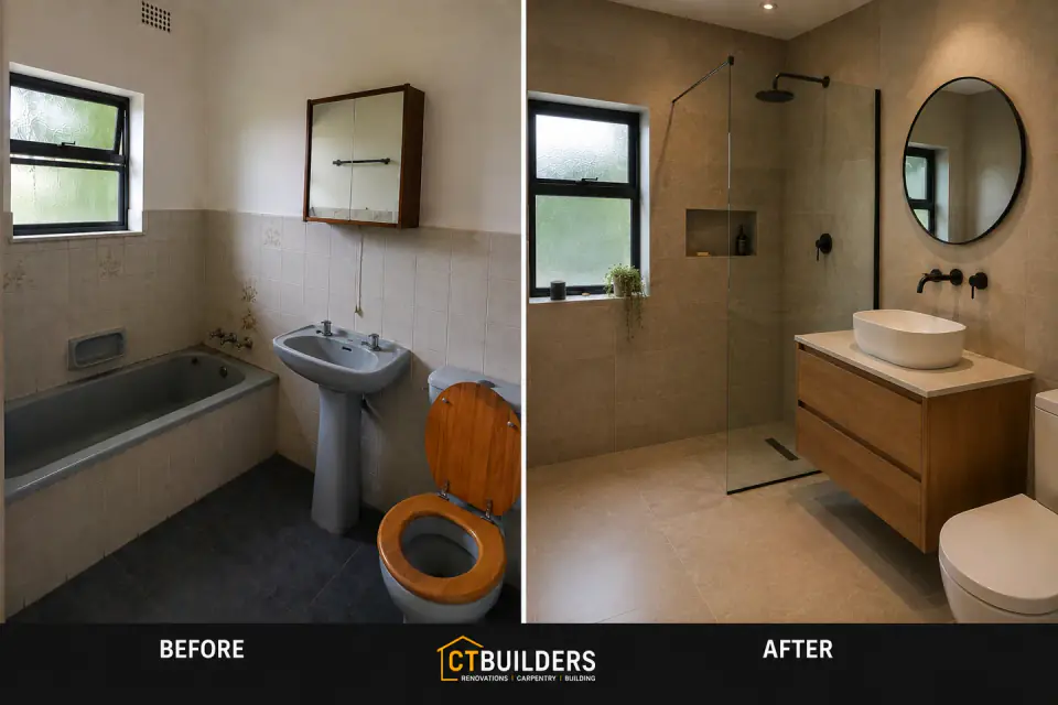 Before and after comparison of a CT Builders bathroom renovation
