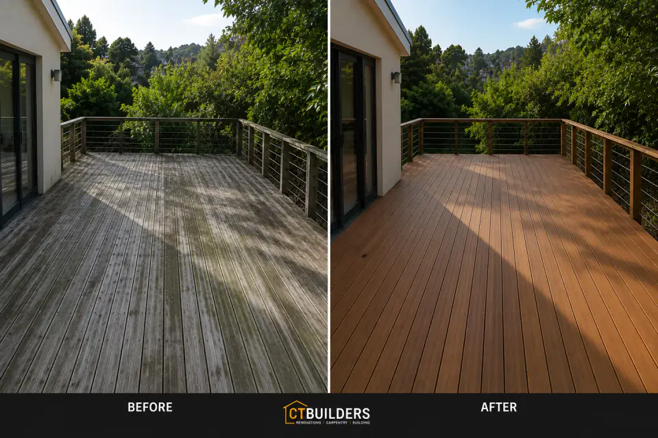 Before and after comparison of a CT Builders deck restoration