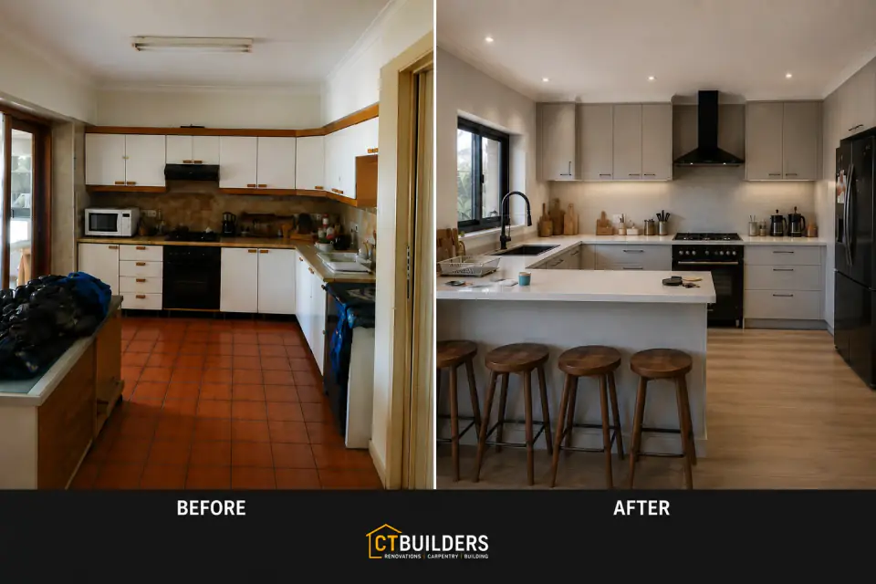 Before and after comparison of a CT Builders kitchen renovation