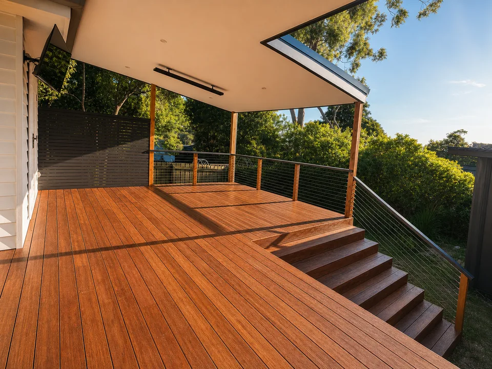 Completed CT Builders hardwood deck and covered outdoor living area
